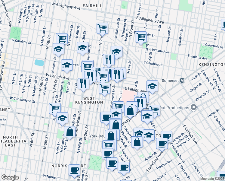 map of restaurants, bars, coffee shops, grocery stores, and more near 2660 North Howard Street in Philadelphia