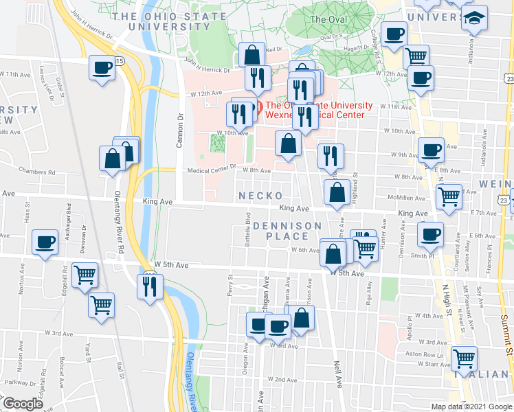 map of restaurants, bars, coffee shops, grocery stores, and more near 403 King Avenue in Columbus