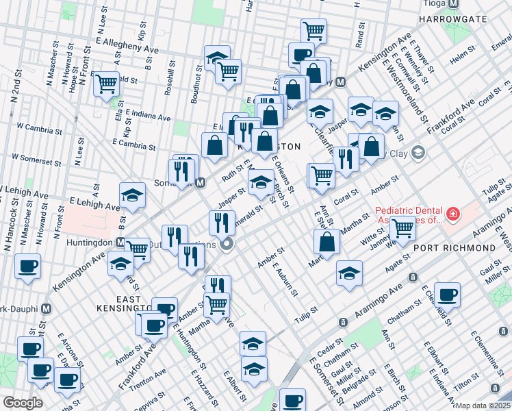map of restaurants, bars, coffee shops, grocery stores, and more near 2876 Emerald Street in Philadelphia