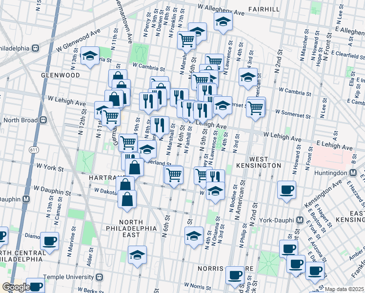 map of restaurants, bars, coffee shops, grocery stores, and more near 548 West Huntingdon Street in Philadelphia