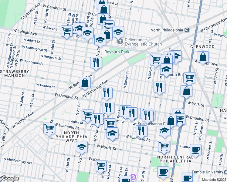 map of restaurants, bars, coffee shops, grocery stores, and more near 2365 North Woodstock Street in Philadelphia