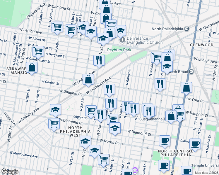 map of restaurants, bars, coffee shops, grocery stores, and more near 2358 North Lambert Street in Philadelphia