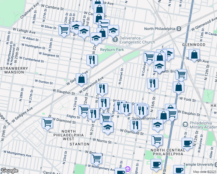 map of restaurants, bars, coffee shops, grocery stores, and more near 2365 North Woodstock Street in Philadelphia