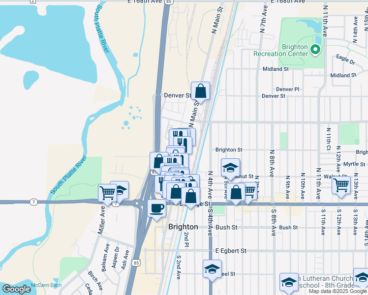 map of restaurants, bars, coffee shops, grocery stores, and more near 233 North Main Street in Brighton