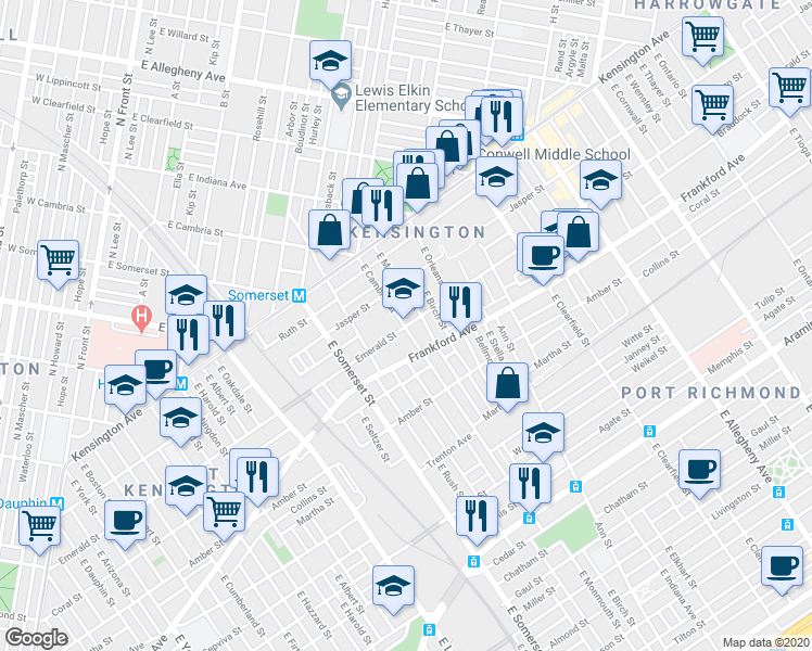 map of restaurants, bars, coffee shops, grocery stores, and more near 2900 Emerald Street in Philadelphia