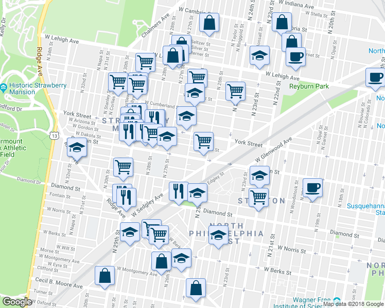 map of restaurants, bars, coffee shops, grocery stores, and more near 2544 West Dakota Street in Philadelphia