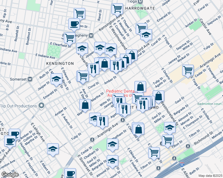 map of restaurants, bars, coffee shops, grocery stores, and more near 2141 East Clementine Street in Philadelphia