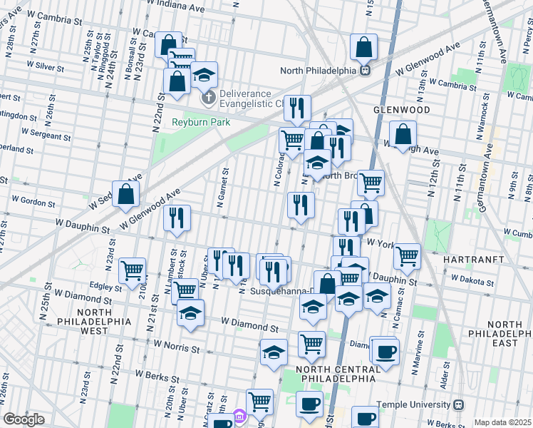 map of restaurants, bars, coffee shops, grocery stores, and more near 2421 North Bouvier Street in Philadelphia
