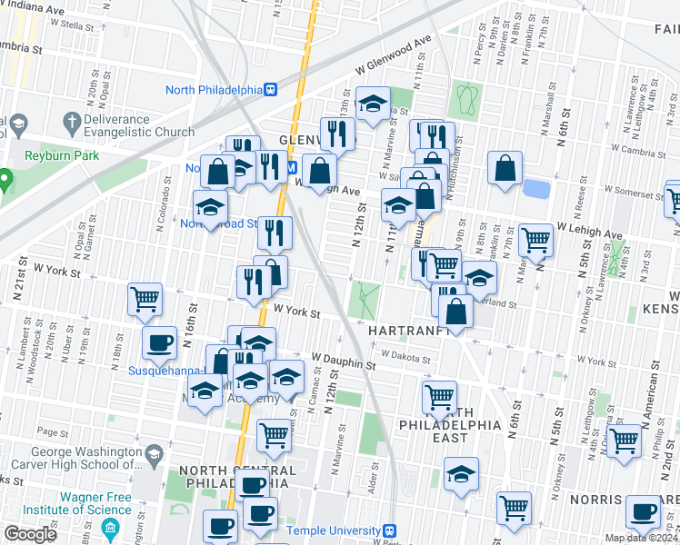 map of restaurants, bars, coffee shops, grocery stores, and more near 1217 West Cumberland Street in Philadelphia