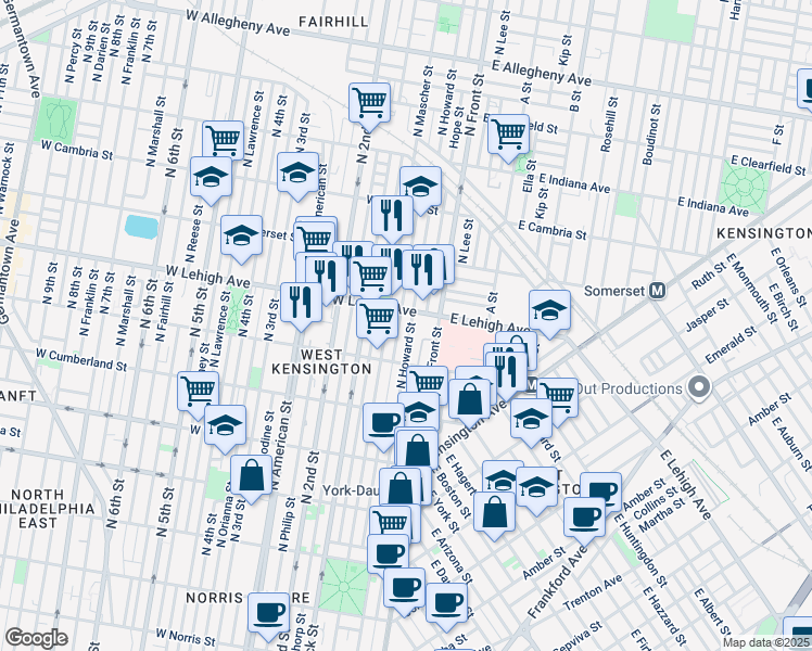 map of restaurants, bars, coffee shops, grocery stores, and more near 2660 North Howard Street in Philadelphia