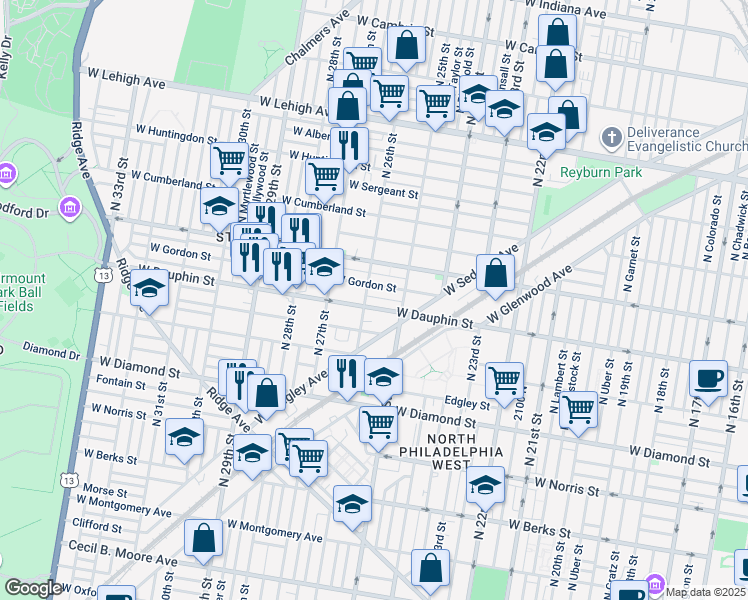 map of restaurants, bars, coffee shops, grocery stores, and more near 2544 West Dakota Street in Philadelphia
