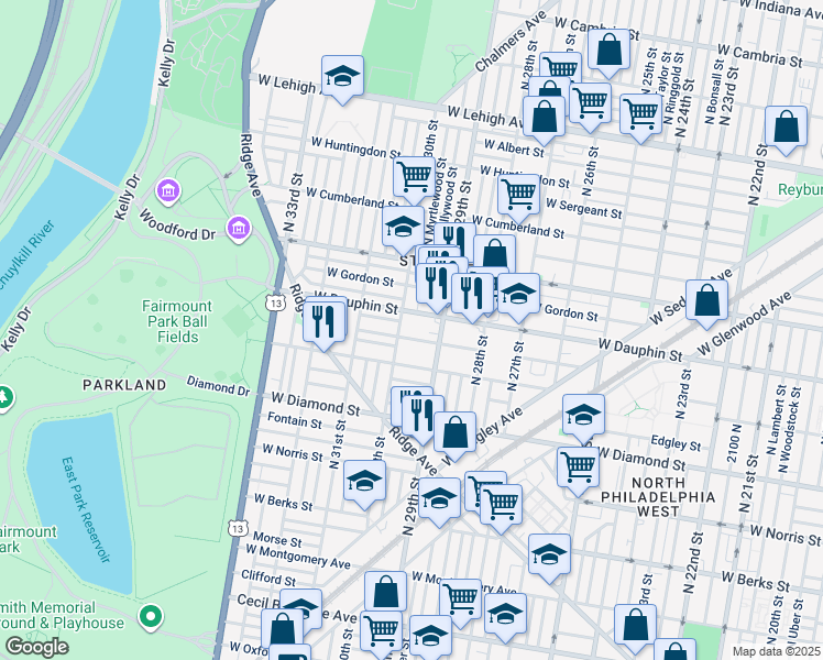 map of restaurants, bars, coffee shops, grocery stores, and more near 2929 West Fletcher Street in Philadelphia