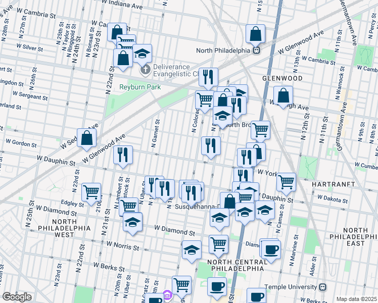 map of restaurants, bars, coffee shops, grocery stores, and more near 2418 North Colorado Street in Philadelphia