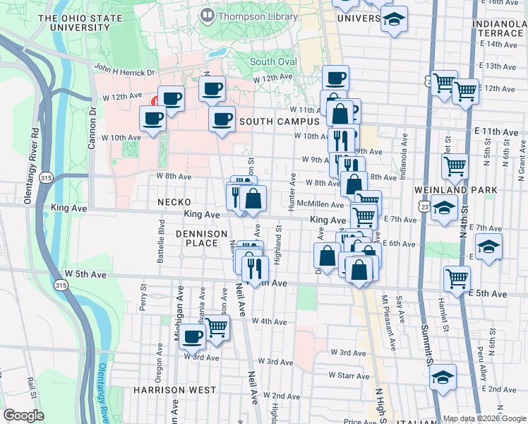 map of restaurants, bars, coffee shops, grocery stores, and more near 194 King Avenue in Columbus