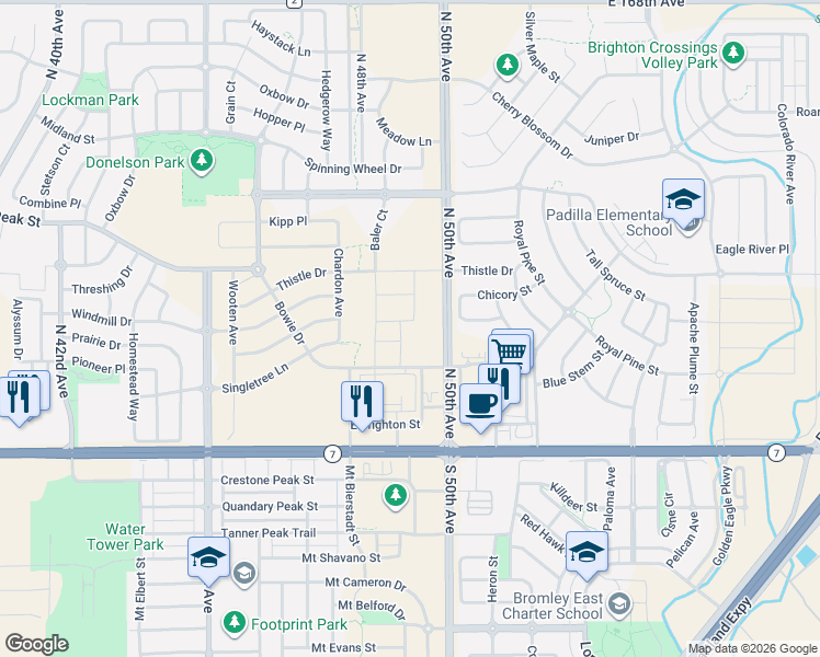 map of restaurants, bars, coffee shops, grocery stores, and more near 287 North 50th Avenue in Brighton