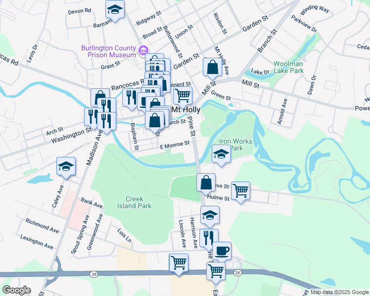 map of restaurants, bars, coffee shops, grocery stores, and more near 58 East Monroe Street in Mount Holly