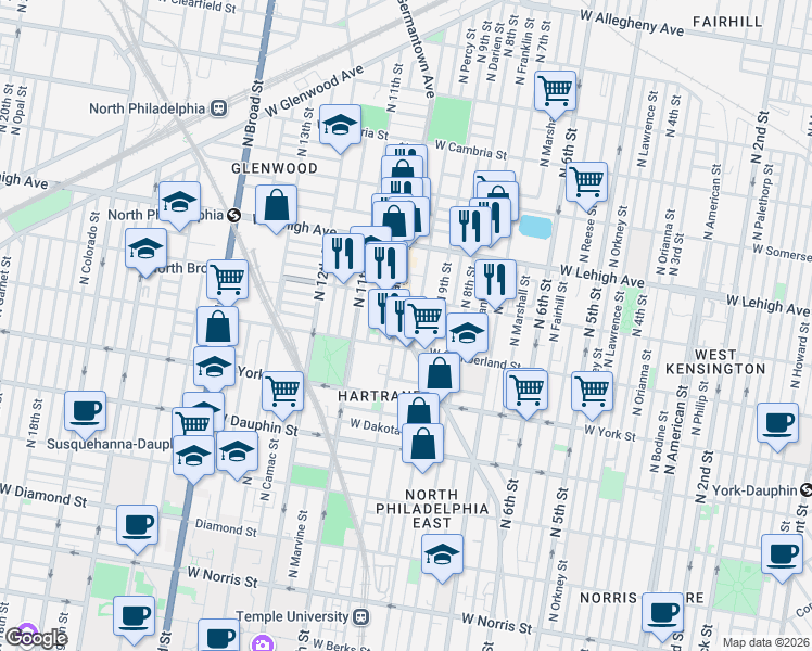map of restaurants, bars, coffee shops, grocery stores, and more near 2452 North 10th Street in Philadelphia