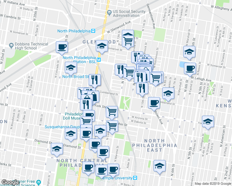 map of restaurants, bars, coffee shops, grocery stores, and more near 2460 North 12th Street in Philadelphia