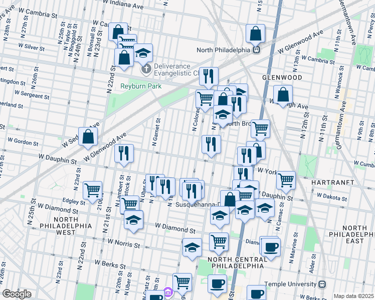 map of restaurants, bars, coffee shops, grocery stores, and more near 2421 North Bouvier Street in Philadelphia