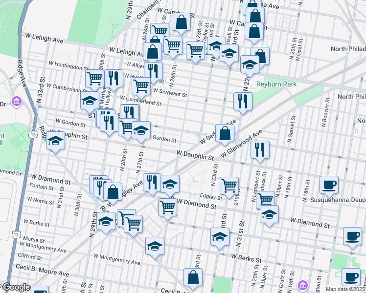 map of restaurants, bars, coffee shops, grocery stores, and more near 2200 North 25th Street in Philadelphia