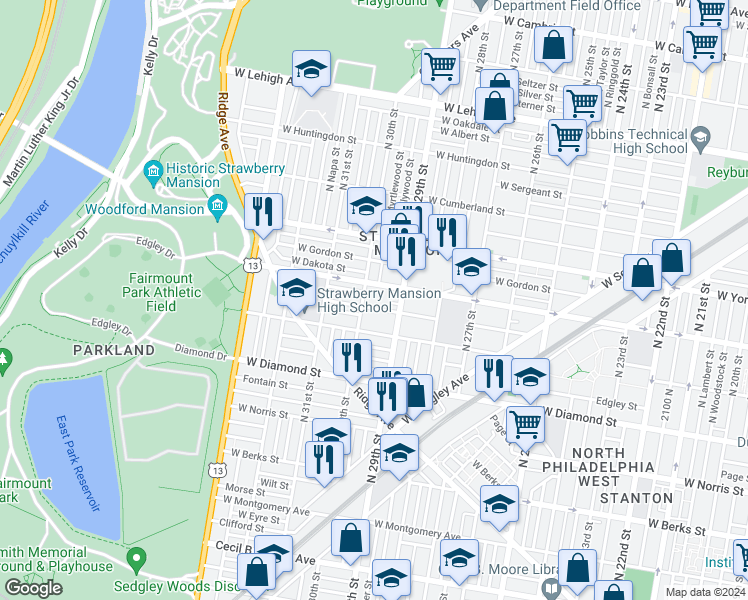 map of restaurants, bars, coffee shops, grocery stores, and more near 2929 West Fletcher Street in Philadelphia