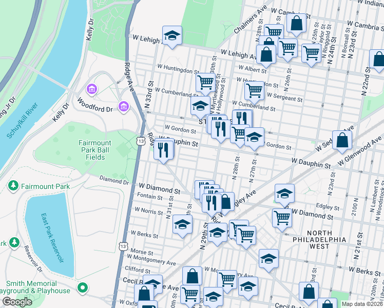 map of restaurants, bars, coffee shops, grocery stores, and more near 2215 North 30th Street in Philadelphia