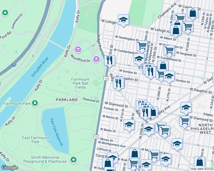map of restaurants, bars, coffee shops, grocery stores, and more near 3224 West Susquehanna Avenue in Philadelphia