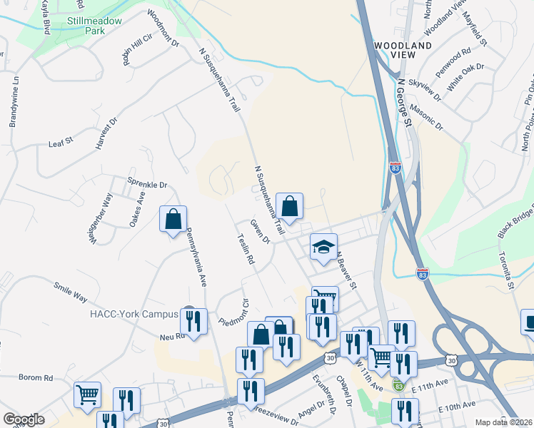 map of restaurants, bars, coffee shops, grocery stores, and more near 325 Gwen Drive in York