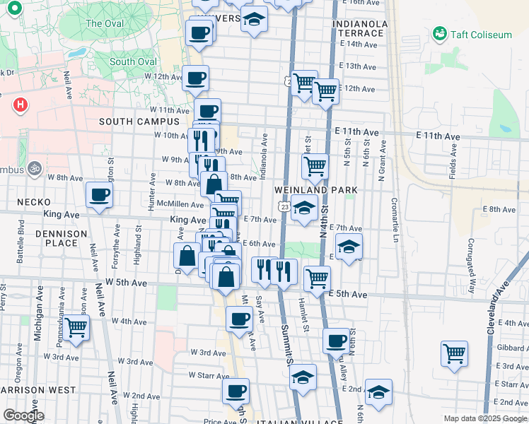 map of restaurants, bars, coffee shops, grocery stores, and more near 29 Frances Place in Columbus