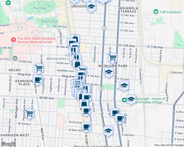 map of restaurants, bars, coffee shops, grocery stores, and more near 77 East 7th Avenue in Columbus