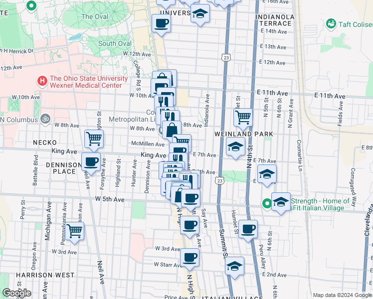 map of restaurants, bars, coffee shops, grocery stores, and more near 1374 North High Street in Columbus