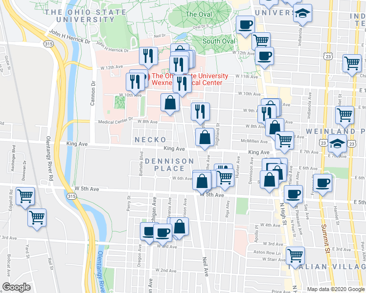 map of restaurants, bars, coffee shops, grocery stores, and more near 316 West 7th Avenue in Columbus