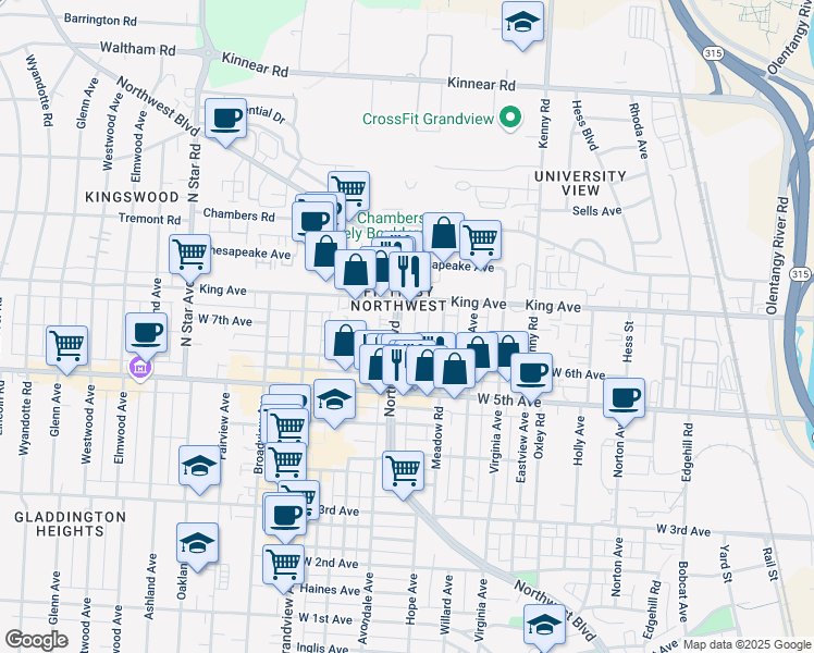 map of restaurants, bars, coffee shops, grocery stores, and more near 1247 West 6th Avenue in Columbus