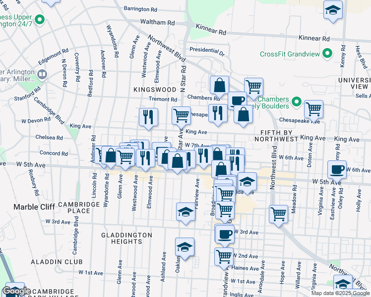 map of restaurants, bars, coffee shops, grocery stores, and more near 1597 North Star Avenue in Columbus