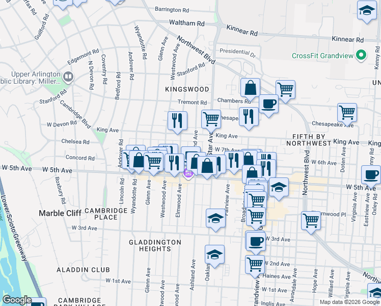 map of restaurants, bars, coffee shops, grocery stores, and more near 1611 Ashland Avenue in Columbus