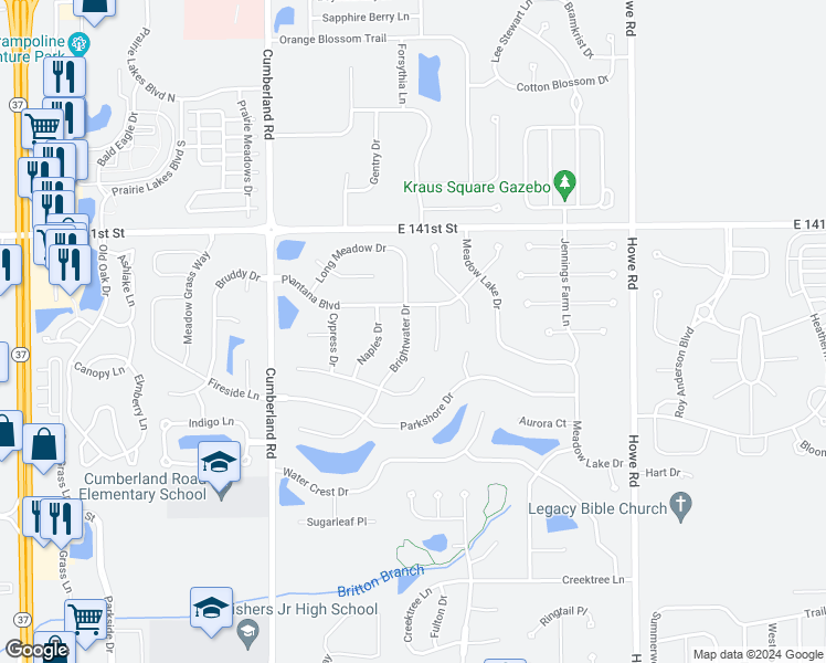 map of restaurants, bars, coffee shops, grocery stores, and more near 13905 Brightwater Drive in Fishers