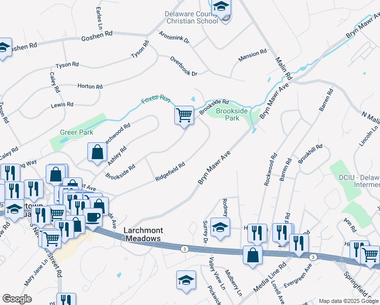 map of restaurants, bars, coffee shops, grocery stores, and more near 148 Ridgefield Road in Newtown Square