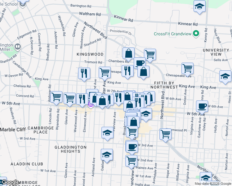 map of restaurants, bars, coffee shops, grocery stores, and more near 1518 West 6th Avenue in Columbus