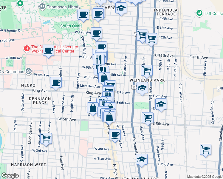 map of restaurants, bars, coffee shops, grocery stores, and more near 50 East 7th Avenue in Columbus