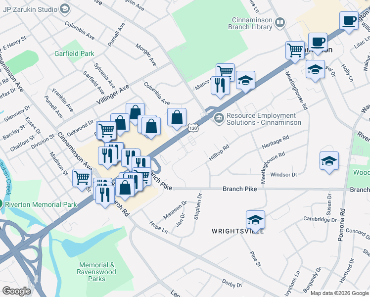 map of restaurants, bars, coffee shops, grocery stores, and more near 1200 Siena Drive in Cinnaminson