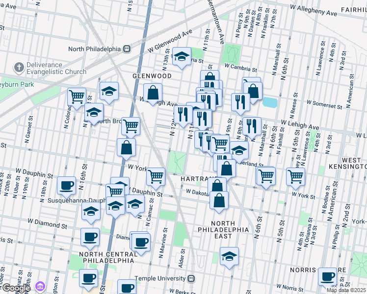 map of restaurants, bars, coffee shops, grocery stores, and more near 2517 North Jessup Street in Philadelphia