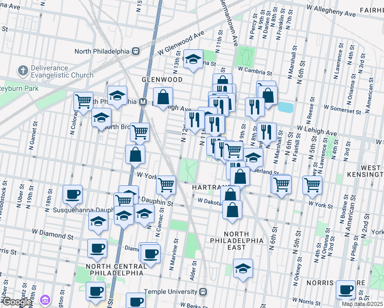 map of restaurants, bars, coffee shops, grocery stores, and more near 2514 North Jessup Street in Philadelphia