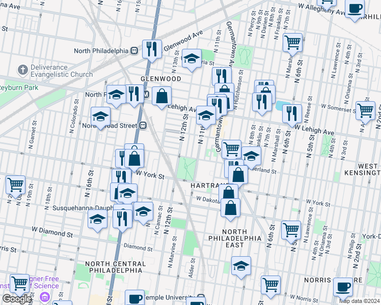 map of restaurants, bars, coffee shops, grocery stores, and more near 2514 North Jessup Street in Philadelphia