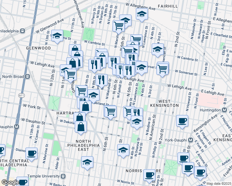 map of restaurants, bars, coffee shops, grocery stores, and more near 548 West Huntingdon Street in Philadelphia