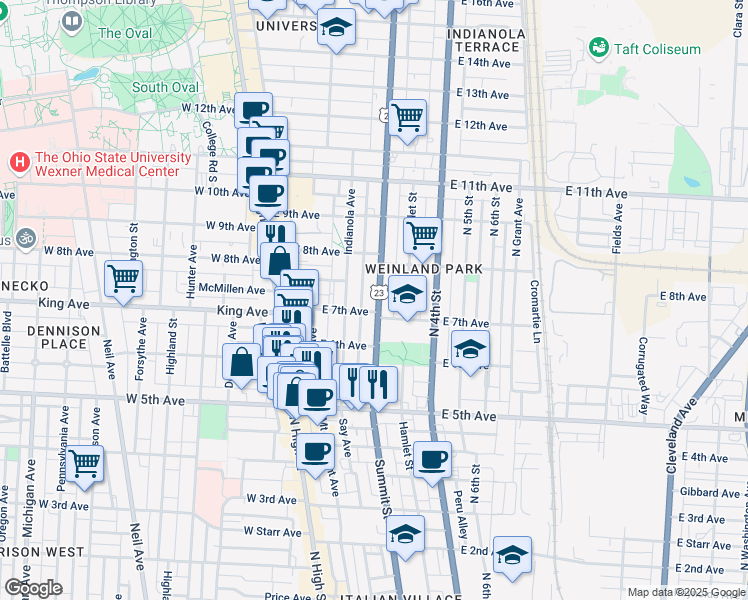 map of restaurants, bars, coffee shops, grocery stores, and more near 1359 Summit Street in Columbus