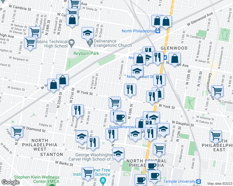 map of restaurants, bars, coffee shops, grocery stores, and more near 2422 North Colorado Street in Philadelphia
