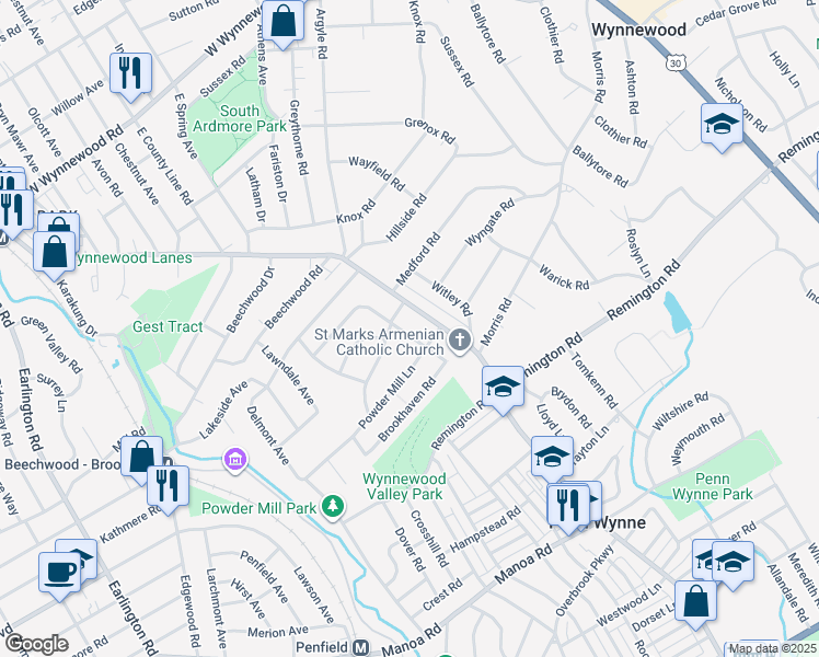 map of restaurants, bars, coffee shops, grocery stores, and more near 452 Rock Glen Drive in Wynnewood