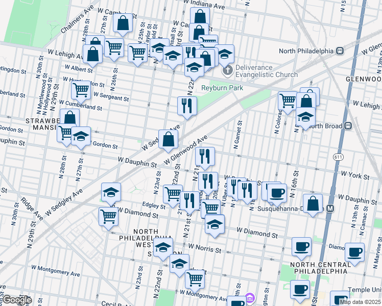 map of restaurants, bars, coffee shops, grocery stores, and more near 2356 North Van Pelt Street in Philadelphia