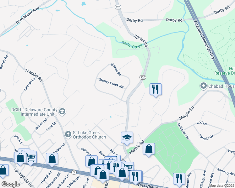 map of restaurants, bars, coffee shops, grocery stores, and more near 2709 South Kent Road in Broomall