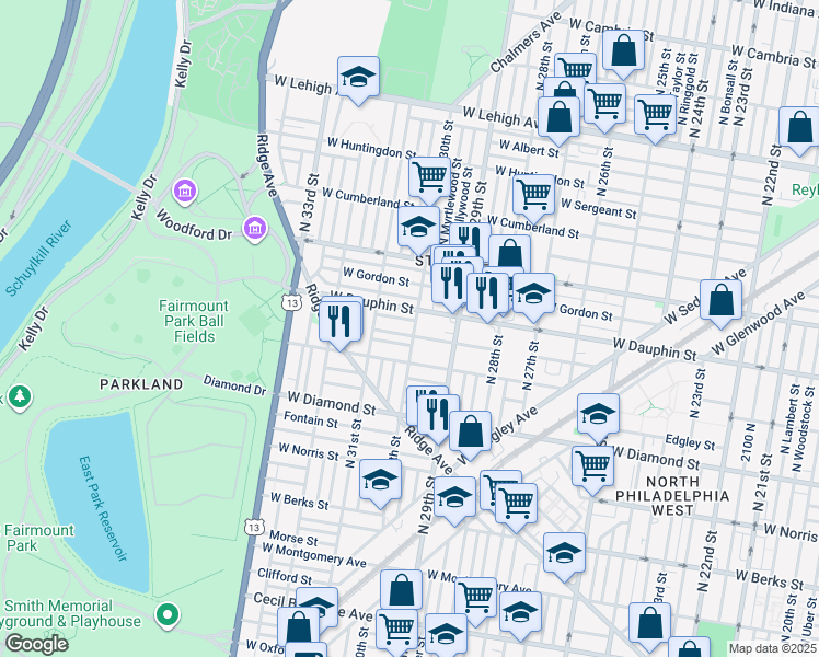 map of restaurants, bars, coffee shops, grocery stores, and more near 2238 North 30th Street in Philadelphia